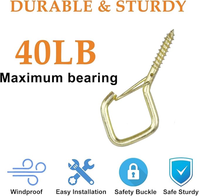 32-Pack Heavy-Duty Golden Screw Eye Hooks with Safety Clips | Metal Ceiling Hooks for Hanging Plants, Wind Chimes, Bird Feeders & Indoor/Outdoor Lights