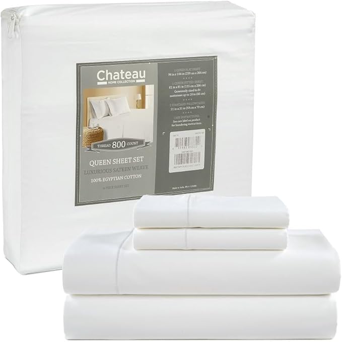 100% Egyptian Cotton Sheets Full Size Bed Set, Deep Pocket Full Sheet Set, 800 Thread Count Cotton Bed Sheets, Naturally Cool Soft Breathable No Pill Elasticated Luxury White Bedding For All Seasons