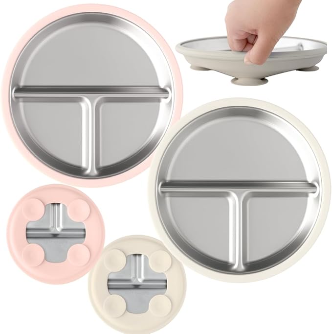 Stainless Steel Toddler Plate with Suction Set of 2, 8” Divided Plates with Removable Silicone Sleeves for Kids, Non Toxic & BPA Free | Non Slip | Unbreakable Baby Dishes, (Tofu & Pearl Blush)