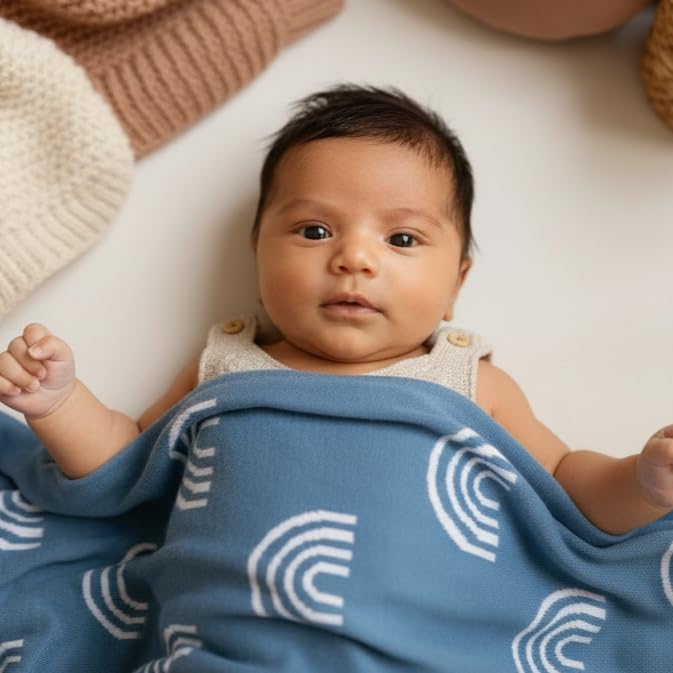 Baby Receiving Blanket Boys 100% Cotton Buttery Soft Cozy Receiving Swaddle Crib Stroller Blanket for Shower Gift Registry for Newborns, Infants, Toddlers (Rainbow - Blue)