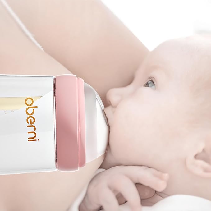 Oberni Baby Bottles with Slow Off-Centered Nipple for 0+ Months, Anti Colic Newborn Milk Feeding Bottle, 150ml/5oz/Pink/2Pack