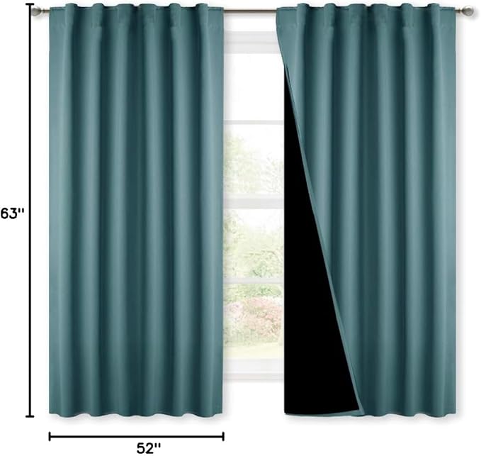 NICETOWN Bedroom Curtains Blackout Drapes, Thermal Insulated Black Liner Curtains for Nursery Room, Cold Blocking Back Tab Drapes for Windows (Set of 2, Sea Teal, 52-inch Wide by 63-inch Long)