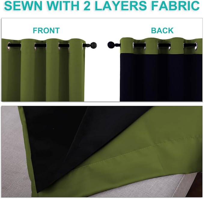 NICETOWN Full Shading Curtains for Windows, Olive Green, Pack of 2, 52 inches W x 95 inches L, Super Heavy-Duty Black Lined Blackout Curtains for Bedroom, Privacy Assured Window Treatment