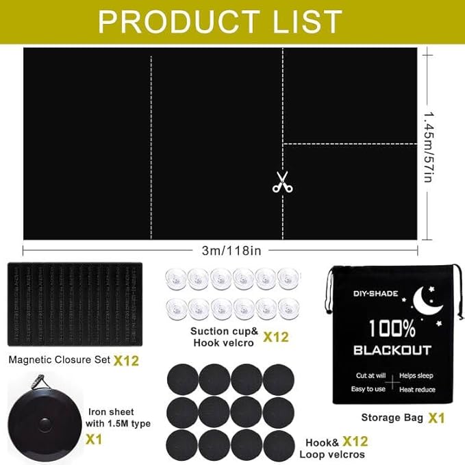 Magnetic Blackout Blind,100% Portable Blackout Curtain for Bedroom,No Drill Window Shades,DIY Cut Black Out Window Cover with Suction Cups and Magnetic Closure,2 Way to Put Up (118" x 57")