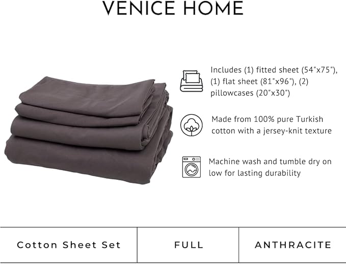 100% Cotton Bed Sheet Set with Deep Pocket - T-Shirt Fabric Jersey Knit - Extra Soft - Easy Fit - 4 Piece Set with Pillowcases - All Season - Comfy – 4 pcs (Anthracite, Full)