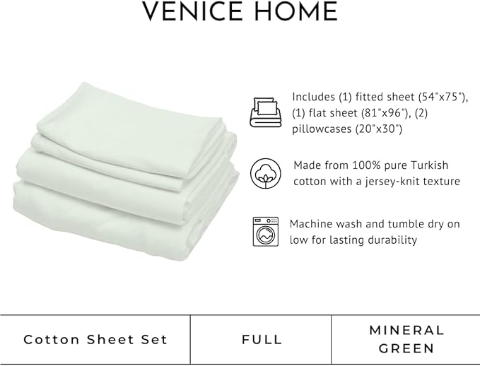 100% Cotton Bed Sheet Set with Deep Pocket - T-Shirt Fabric Jersey Knit - Extra Soft - Easy Fit - 4 Piece Set with Pillowcases - All Season - Comfy – 4 pcs (Mineral Green, Full)