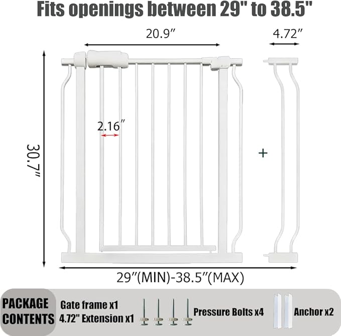 Auto Close Baby & Dog Gate 34-38.5 Inch, Tension Safety Gate Indoor, White Metal, Walk-Through Child Gate for Kids & Pets
