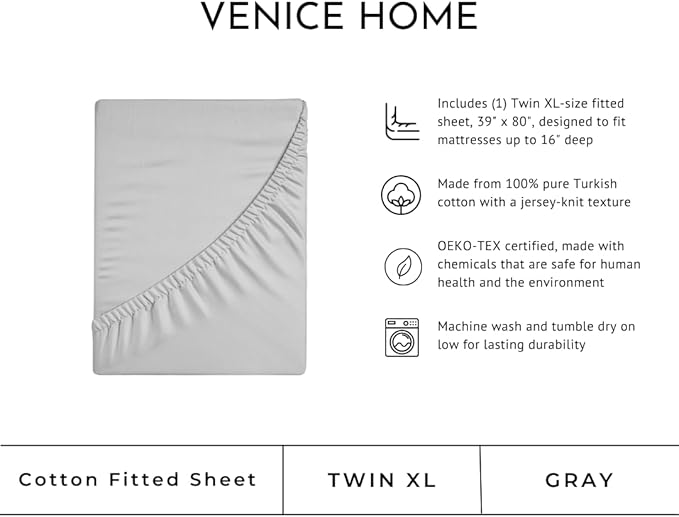 100% Cotton Fitted Sheet Only - Deep Pocket up to 16inch - All-Around Elastic - T-Shirt Fabric Jersey Knit - Extra Soft - Easy Fit - All Season - Comfy (Gray, Twin XL)