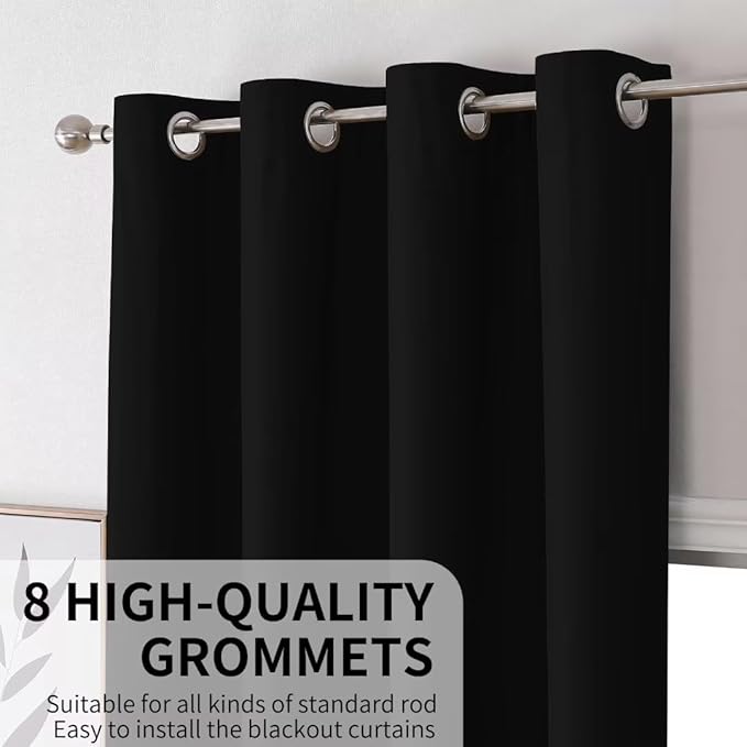 Joydeco 100% Blackout Curtains 72 Inch Long, Black Black Out Curtains for Bedroom Windows, Room Darkening Thermal Insulated Short Textured Grommets Drapes for Living Room
