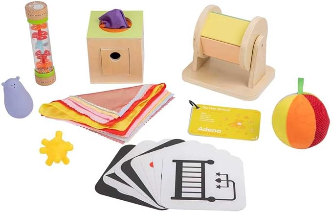 Adena Montessori Play Kit for 0-6 Month Baby,8 in 1 Learning Kit Includ Black&White Card,Rainmake Rattle,Sensory Ball,Tummy Time Wobbler,Tissue Box,Tissue,Rainbow Ball,Rainbow Drum