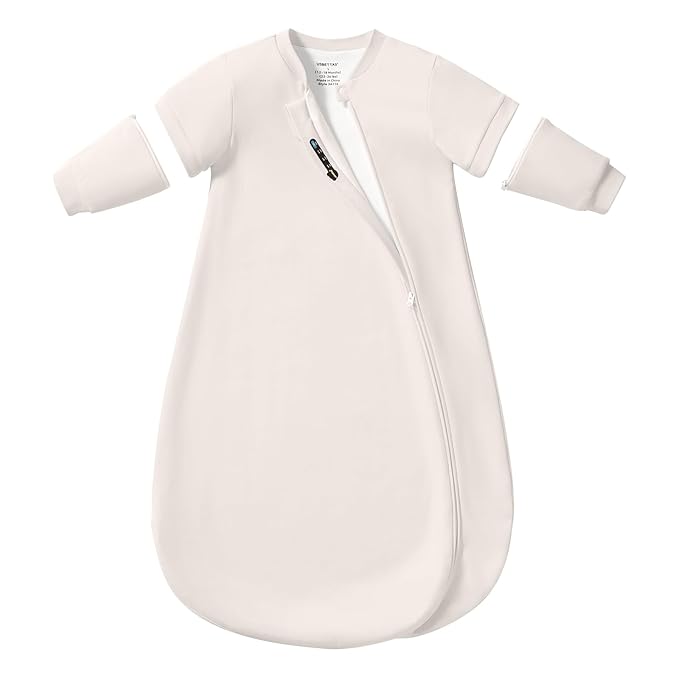 Baby Sleep Sack 6–12 Months, Cotton Sleep Sack with Detachable Long Sleeves, 1.0 TOG Wearable Blanket for Cooler Nights, 2-Way Zipper Toddler Sleeping Sack with Temperature Strip, Beige