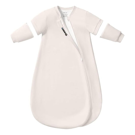 Baby Sleep Sack 12–18 Months, Cotton Sleep Sack with Detachable Long Sleeves, 1.0 TOG Wearable Blanket for Cooler Nights, 2-Way Zipper Toddler Sleeping Sack with Temperature Strip, Beige