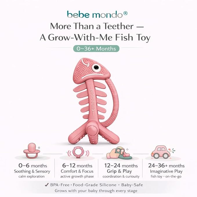 3 in 1 Infant Toys, Baby Teething Toys 3–6 6–12 Months, Teethers for Babies 0–3–6–12 Months for Teething Relief, Baby Gift, Baby Teether Toys, Silicone Sensory Toys,USA Patent Pending, Fish-Rose Pink