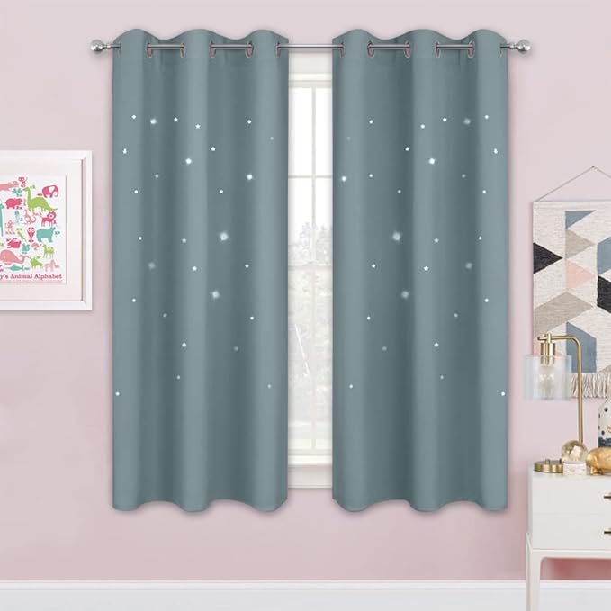 NICETOWN Nursery Blackout Curtains for Bedroom 63 inch Long 2 Panels, Star Cut Out Kids Soundproof Thermal Insulated Cute Galaxy Grommet Curtains for Window, Stormy Sea, 42" Wide