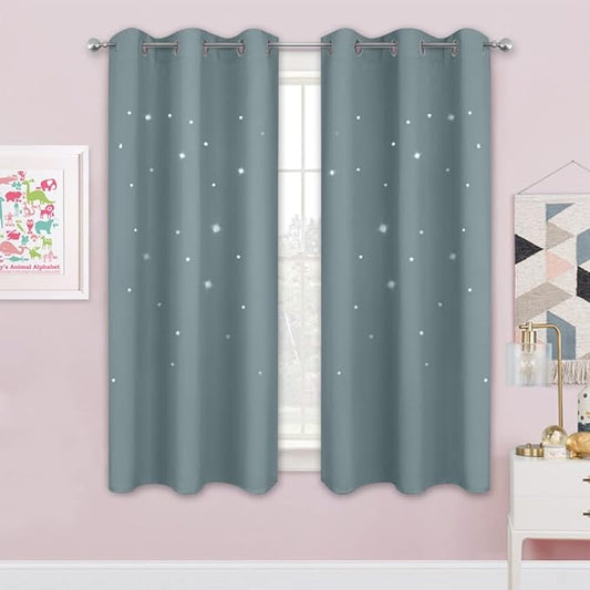 NICETOWN Nursery Blackout Curtains for Bedroom 63 inch Long 2 Panels, Star Cut Out Kids Soundproof Thermal Insulated Cute Galaxy Grommet Curtains for Window, Stormy Sea, 42" Wide