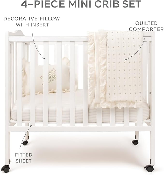 Ely's & Co. Mini Crib Bedding Set for Girls, 4 Piece Set Includes – 1 Fitted Mini Crib Sheet, Quilted Comforter and Decorative Pillowcase with Insert, Pink Linear Floral Collection