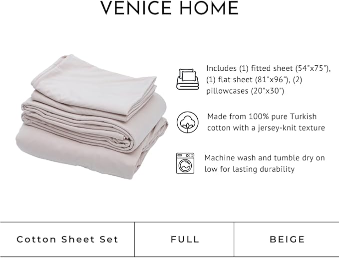 100% Cotton Bed Sheet Set with Deep Pocket - T-Shirt Fabric Jersey Knit - Extra Soft - Easy Fit - 4 Piece Set with Pillowcases - All Season - Comfy – 4 pcs (Beige, Full)