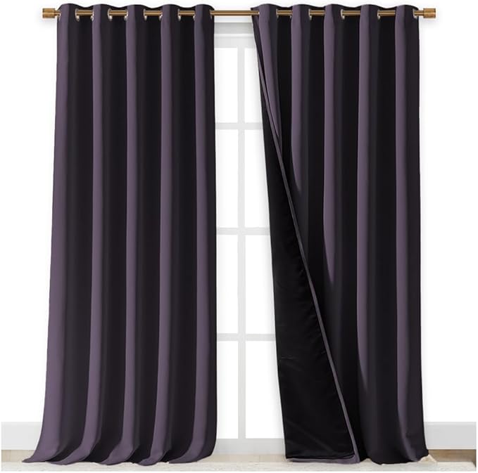 NICETOWN Full Shading Curtains for Windows, Greyish Purple, Pack of 2, 62 inches W x 95 inches L, Super Heavy-Duty Black Lined Blackout Curtains for Bedroom, Privacy Assured Window Treatment
