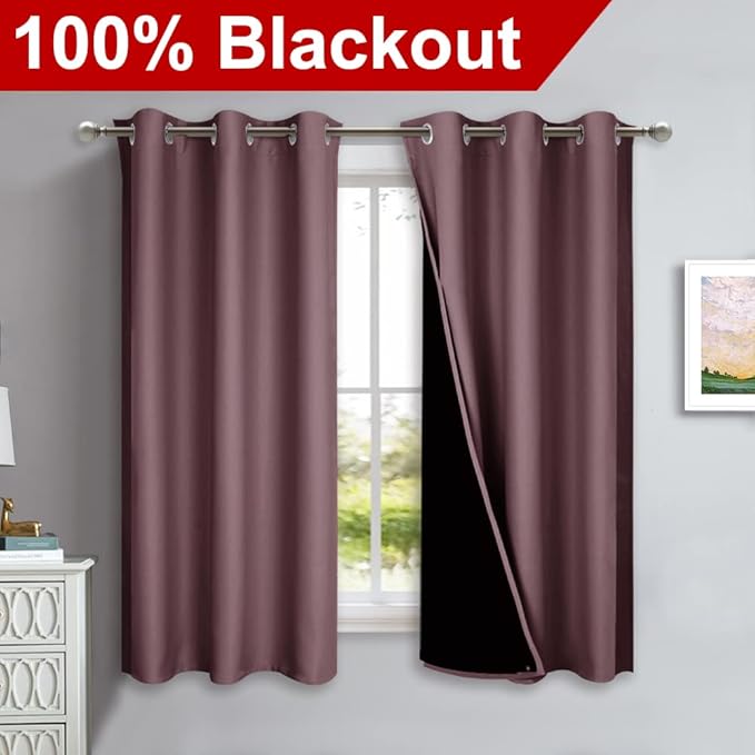 NICETOWN 100% Blackout Short Curtains with Black Liners, 2 Panels, 37" W by 50" L, Dry Rose, Solid Thermal Insulated Full Blackout 2-Layer Lined Drapes, Energy Efficiency Window Drapes for Bedroom