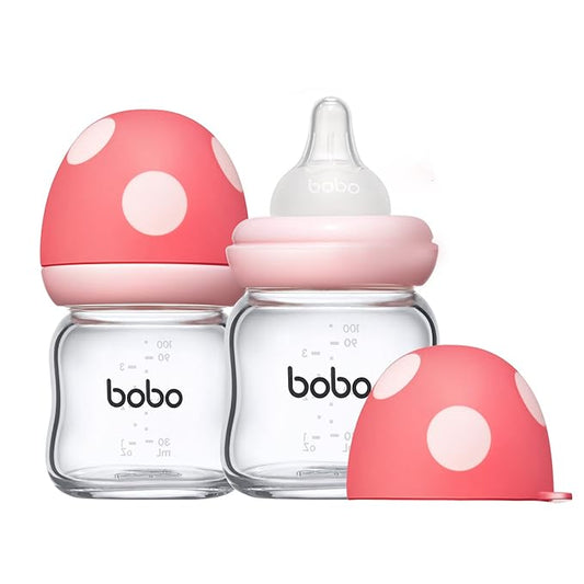 YOHKOH Natural Glass Baby Bottle with Level 2 Medium Flow Nipple, Newborn Anti-Colic Baby Bottles, Wide Neck Mushroom Baby Glass Bottle (3.4oz (Pack of 2), Red)