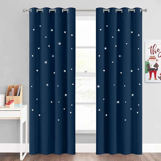 NICETOWN Nursery Blackout Curtains for Bedroom 84 inch Long, 2 Panels Star Cut Out Kids Soundproof Thermal Insulated Cute Galaxy Grommet Curtains for Window, Moroccan Blue, 52" Wide