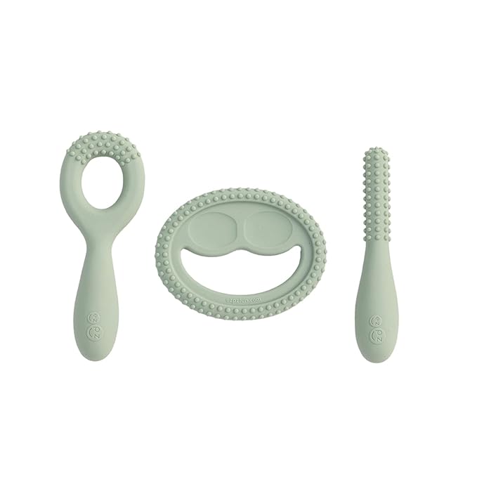 ezpz Oral Development Tools (3 Pack in Sage) - 3 Months+ - Non-Slip Loop, Smile and Stick 100% Silicone Tools - Prepare for Chewing + Solids - Baby-Led Weaning Supplies