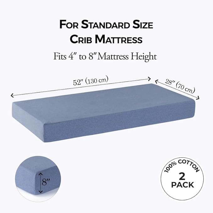Dreamology Standard Crib Sheets Fitted, 2 Pack, Cotton Crib Sheet, Soft, Crib Sheet Boys, Girls, Neutral Crib Sheets, Toddler Bed Sheets, 52x28 Crib Mattress Sheet | Denim Blue,Sky Blue