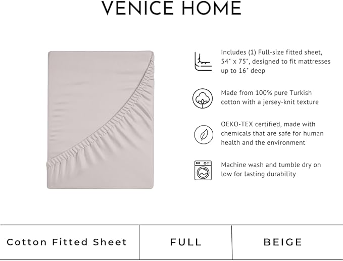 100% Cotton Fitted Sheet Only - Deep Pocket up to 16inch - All-Around Elastic - T-Shirt Fabric Jersey Knit - Extra Soft - Easy Fit - All Season - Comfy (Beige, Full)