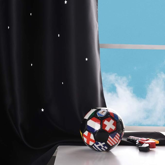 NICETOWN Kids Curtains for Bedroom, Star Cutout Thermal Insulated Short Curtains for Baby Nursery, Grommet Window Covering for Boys Room, (W34 x L54 Inches, 2 Panels, Black)