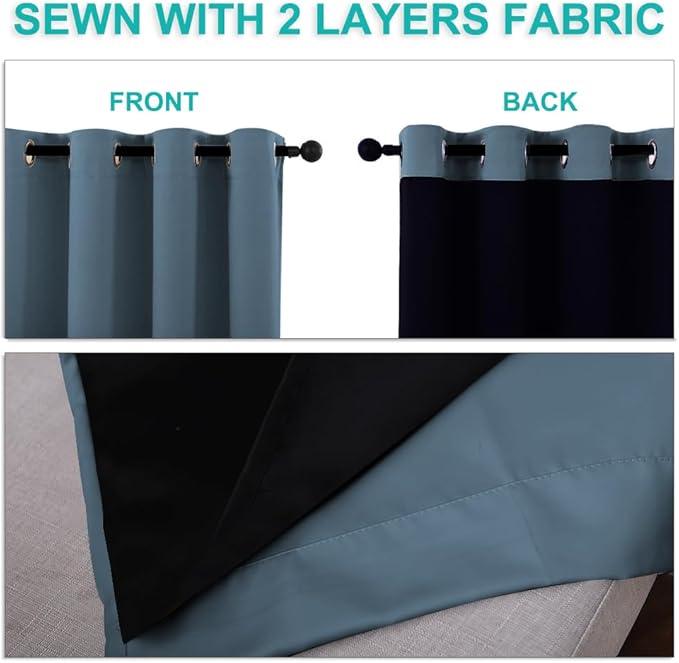 NICETOWN 100% Blackout Window Curtain Panels, Smoky Blue, 2 Pieces, 42-inch Wide Per Panel, Full Light Blocking Drapes with Black Liner for Nursery, 72-inch Drop Thermal Insulated Draperies