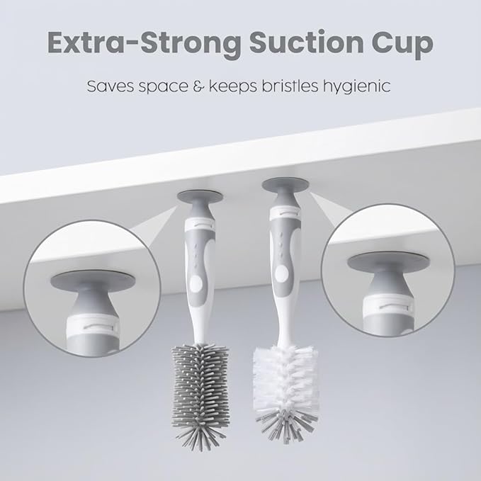 Ariseno 4-in-1 Baby Bottle Brush Set - Including Brushes for Bottles, Straws, Caps, & Nipples - BPA-Free (Grey)