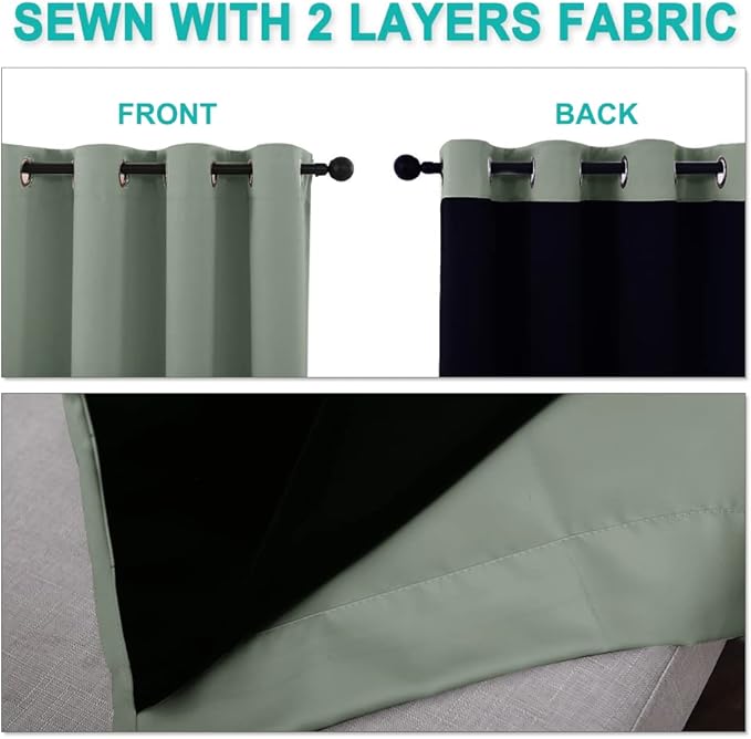 NICETOWN 100% Blackout Window Curtain Panels, Cold and Full Light Blocking Drapes with Black Liner for Nursery, 84" Drop Thermal Insulated Draperies (Greyish Green, 2 Pieces, 70" Wide Each Panel)