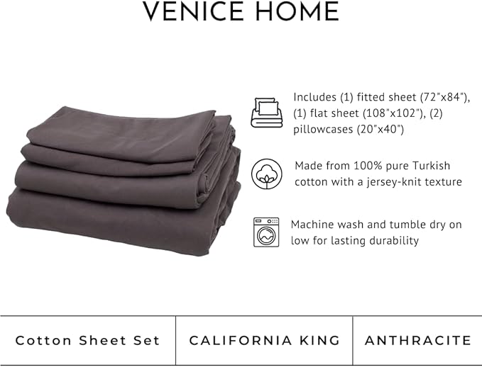 100% Cotton Bed Sheet Set with Deep Pocket - T-Shirt Fabric Jersey Knit - Extra Soft - Easy Fit - 4 Piece Set with Pillowcases - All Season - Comfy – 4 pcs (Anthracite, California King)