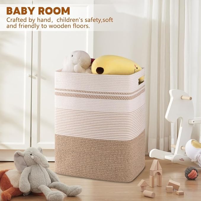 Laundry Basket, Large Woven Rope Tall Laundry Basket with Handles, Decorative Storage Basket for Clothes and Blankets in Living room, Bedroom
