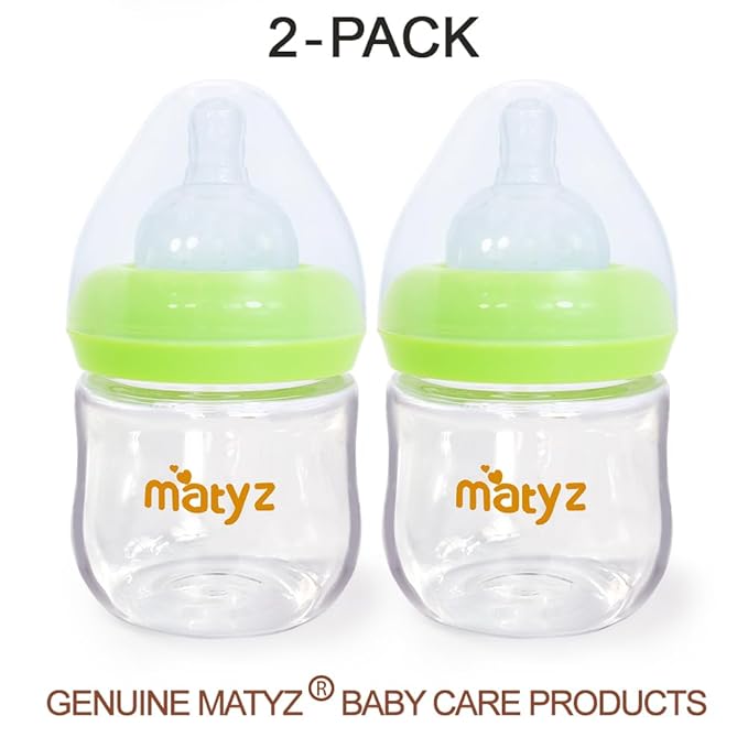 Matyz 2-Pack Glass Baby Breastfeeding Bottles with Caps (Green, 4Oz) - Wide Neck New Born Bottles for Baby Breastfeeding Bottles for 0-3 Months Babies - Glass Baby Bottles 4 Oz Breastfeeding Bottles