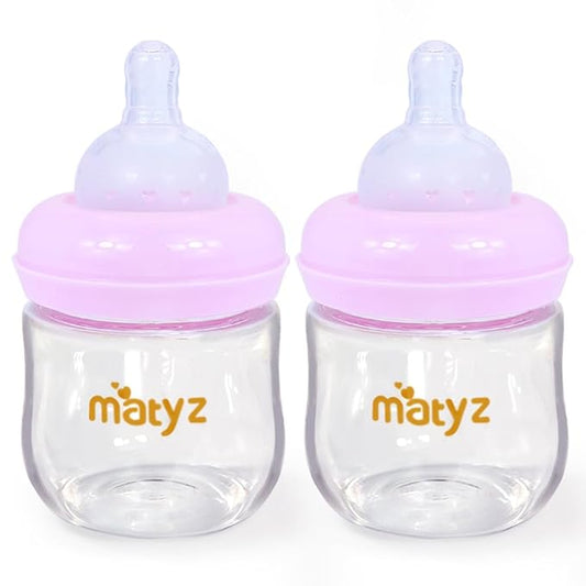 Matyz 2-Pack Glass Baby Breastfeeding Bottles with Caps (Pink, 4Oz) - Wide Neck New Born Bottles for Baby Breastfeeding - Breastfeeding Bottles for 0-3 Months Babies - Glass Baby Bottles with Nipples