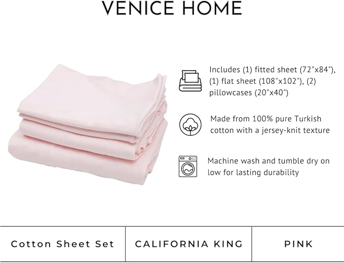 100% Cotton Bed Sheet Set with Deep Pocket - T-Shirt Fabric Jersey Knit - Extra Soft - Easy Fit - 4 Piece Set with Pillowcases - All Season - Comfy – 4 pcs (Pink, California King)
