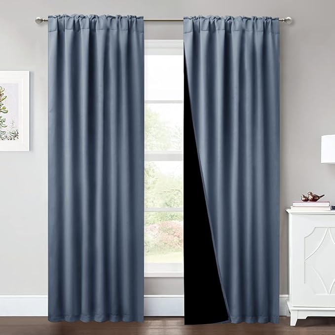 NICETOWN Thermal 100% Blackout Curtains, Noise Reducing Performance Drapes with Black Lining, Full Light Blocking Draperies for Overnight Shift Worker (Stone Blue, 1 Pair, 52 inches x 95 inches)