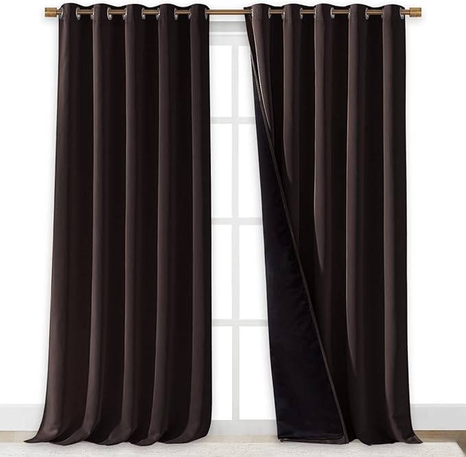 NICETOWN Full Shading Curtains for Windows, Brown, Pack of 2, 62 inches W x 95 inches L, Super Heavy-Duty Black Lined Blackout Curtains for Bedroom, Privacy Assured Window Treatment
