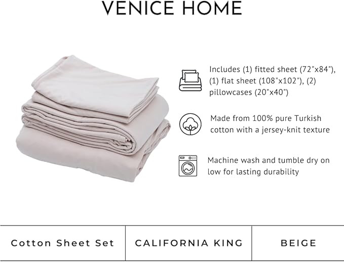 100% Cotton Bed Sheet Set with Deep Pocket - T-Shirt Fabric Jersey Knit - Extra Soft - Easy Fit - 4 Piece Set with Pillowcases - All Season - Comfy – 4 pcs (Beige, California King)
