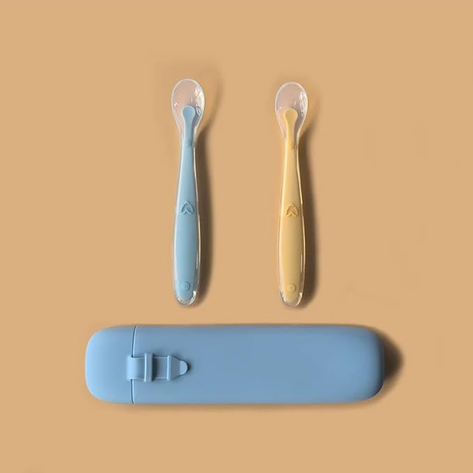 LITTLE RAWR Silicone Baby Feeding Spoons with Storage Box, First Stage Infant Soft-Tip Easy on Gums I Training Spoon Self | Utensils Supplies (Blue)