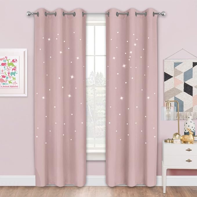 NICETOWN Blackout Curtains for Girls Bedroom, 42 x 84 Inches Star Cut-Out Kids Window Curtains 2 Panel Sets, Room Darkening Grommet Thermal Insulated Nursery Drapes, Light Pink