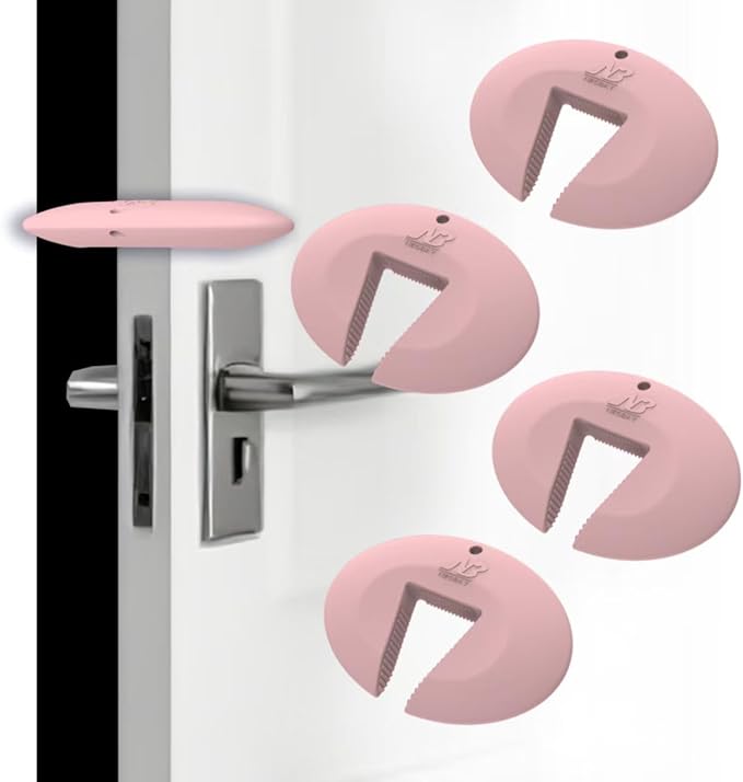 Door Pinch Guard and Door Slam Stopper, Durable Silicone Door Finger Pinch Guard, Prevents Slamming on Even Heavy Doors, Non-Toxic & Pet Friendly, 4 Packs Pink.