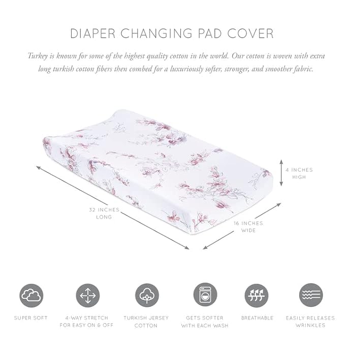 Oilo Changing Pad Cover, Breathable Turkish Cotton Fitted Jersey, 300 Thread Count, Machine Washable, Fits Standard Changing Pads (32" x 16"), Girl, Boy, & Neutral Nursery Design, Bella Floral