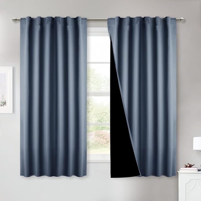 NICETOWN 100% Blackout Curtains 63 inches Long, Thermal Insulated Full Blackout Lined Drapes, Privacy Energy Efficiency Window Draperies for Bedroom Kitchen (Stone Blue, 2 Panels, 52-inch W)
