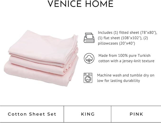 100% Cotton Bed Sheet Set with Deep Pocket - T-Shirt Fabric Jersey Knit - Extra Soft - Easy Fit - 4 Piece Set with Pillowcases - All Season - Comfy – 4 pcs (Pink, King)