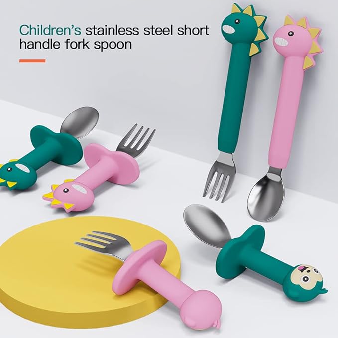SFCCMM Baby Forks and Spoons Set Baby Training Utensils Self Feeding Toddler Silverware Silicone and Stainless Steel Kids and Toddler Utensil (Pink Dinosaur - Short)