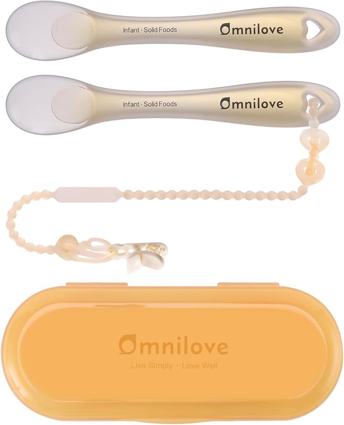 Omnilove Silicone Baby Spoons 2-Pack with Case, Self Feeding 6 Months, Baby Led Weaning Supplies, Toddler Utensils with Safety Chain, Toddler Essentials, Dishwasher Safe Baby Safety Products