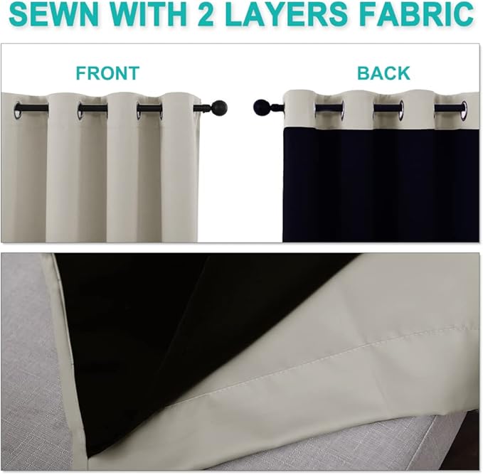 NICETOWN 100% Blackout Window Curtain Panels, Full Light Blocking Drapes with Black Liner for Nursery, 72-inch Drop Thermal Insulated Draperies (Natural, 2 Pieces, 62-inch Wide Per Panel)