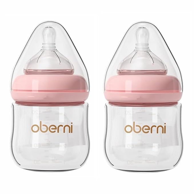 Oberni Glass Baby Bottles,Anti Colic Breastfeeding Bottle with Natural Response Nipple Size S,Wide Neck Slow Flow Baby Bottle for Baby,Newborn,Preemie 0-3 0-6 Month,BPA Free (Pink, 2 Pack, 4 Ounce)